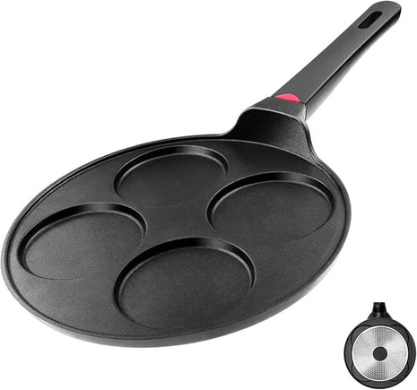 Pancake Pan Nonstick-Suitable for All Stovetops & Induction Cooker, 10.5 Inch Mini Silver Dollar Grill Blini Griddle Crepe Pan, 4 Molds Cake Egg Skillet, 100% PFOA Free Coating