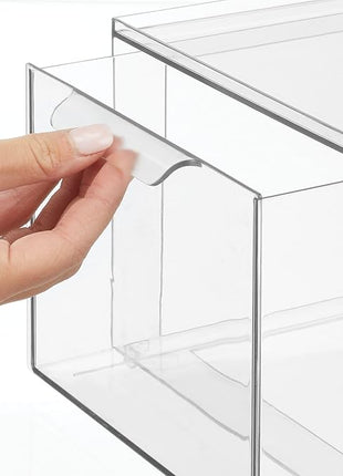 mDesign Plastic Pantry Organization and Storage Bin w/Pull Out Drawer - Stackable Kitchen Supplies Storage Container for Organizing Cabinet, Fridge, Freezer - Lumiere Collection - 4 Pack, Clear