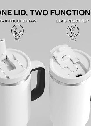40 oz Tumbler with Handle and Straw: Stainless Steel Insulated Tumbler Keeps Cold for 24 Hours, Leakproof Travel Cup Fits in Cup Holder and BPA-Free, Polar White