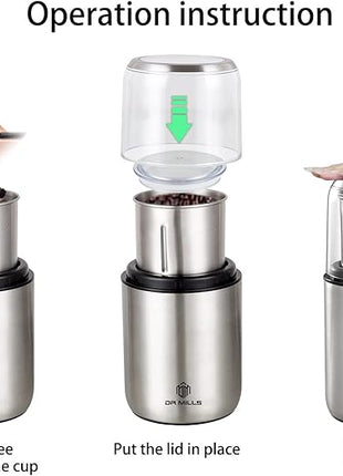DR MILLS DM-7452 Electric Coffee Grinder,Spice Grinder Electric and Chopper,Detachable Cup, Diswash Free, Blade & Cup Made with SUS304 Stainless Steel