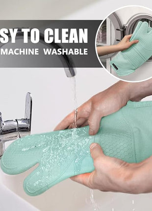 Rorecay 6pcs Oven Mitts and Pot Holders Sets Heat Resistant 500 Degrees, Extra Long Silicone Oven Gloves Non-Slip Potholders Hot Pads for Kitchen Baking Cooking, Quilted Liner, Bermuda Teal