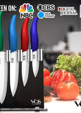 Vos Ceramic Knife Set with Block, Ceramic Knives Set For Kitchen, Ultra Sharp Kitchen Knife Set with Covers, 3" 4" 5" 6" Chef Knife, Utility, Paring & versatile, Light & Dishwasher safe (Multi-Color)