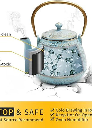 TOPTIER Japanese Cast Iron Tea Kettle with Stainless Steel Infuser, Cast Iron Teapot Stovetop Safe, Leaf Design Teapot Coated with Enameled Interior, 32 Ounce (950 ml), Turquoise Blue