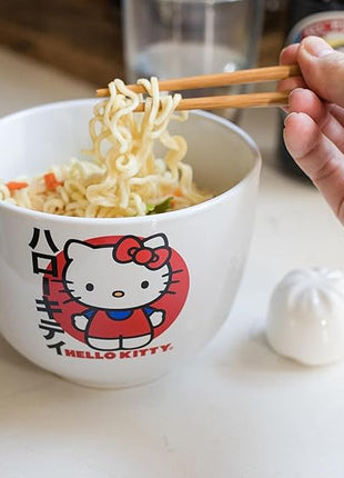 Silver Buffalo Sanrio Hello Kitty Japanese Ceramic Ramen Noodle Rice Bowl with Chopsticks, Microwave Safe, 20 Ounces