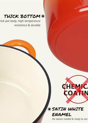 Overmont Enameled Cast Iron Dutch Oven - 4.5QT Pot with Lid Cookbook & Cotton Potholders - Heavy-Duty Cookware for Braising, Stews, Roasting, Bread Baking orange
