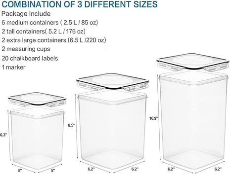 VERONES Large Tall Airtight Food Storage Containers, 10 PACK Plastic Airtight Kitchen & Pantry Organization, Ideal for Flour & Sugar Plastic Canisters with Labels