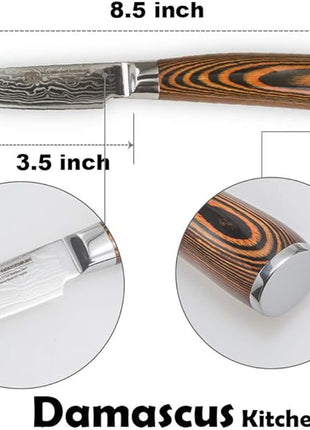 Damascus Paring Knife 3.5" - Professional 67-Layer VG10 Steel, Ultra Sharp 12° Edge Kitchen Utility Knife with Pakkawood Handle & Gift Box for Peeling, Slicing, Garnishing, Fruit Vegetable Prep
