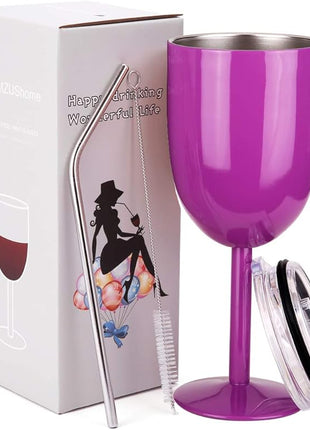 AMZUShome Stainless Steel Wine Glasses Cups.Double Walled Vacuum Insulated Wine Tumbler With Lid and Straw.Friendship,Christmas,Birthday Gifts for Women Men Friends Dad Mom(10oz Purple)