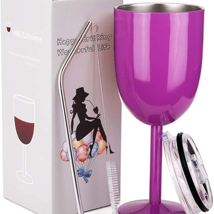 AMZUShome Stainless Steel Wine Glasses Cups.Double Walled Vacuum Insulated Wine Tumbler With Lid and Straw.Friendship,Christmas,Birthday Gifts for Women Men Friends Dad Mom(10oz Purple)