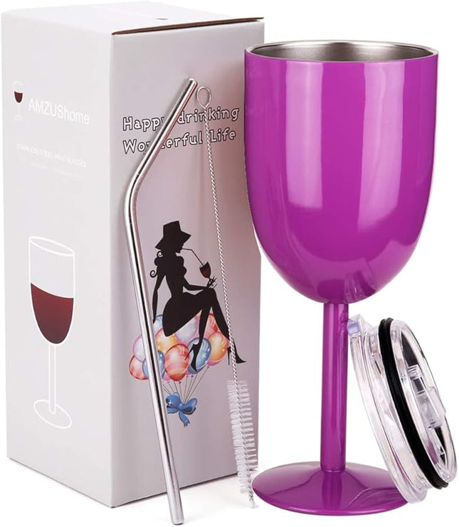 AMZUShome Stainless Steel Wine Glasses Cups.Double Walled Vacuum Insulated Wine Tumbler With Lid and Straw.Friendship,Christmas,Birthday Gifts for Women Men Friends Dad Mom(10oz Purple)
