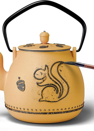 Toptier Teapot with Removable Infuser, Cast Iron Tea Kettle Stovetop Safe, Squirrel Design Tea Pot Coated with Enameled Interior for 32 Ounce (950 ml), Orange