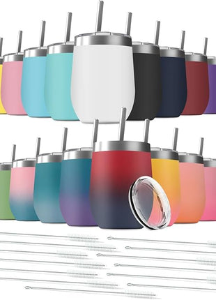 12oz Wine Tumbler with Lid With straw Stainless Steel Wine Tumbler Cups Double Wall Vacuum Insulated Travel Mugs Stemless Cup 25 Pack