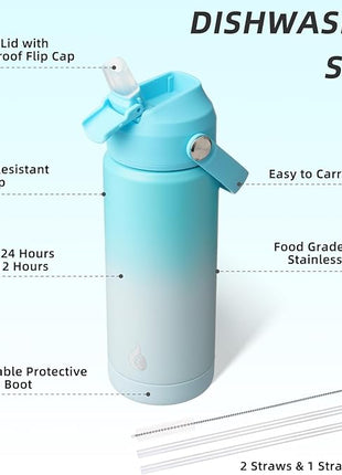 BJPKPK Insulated Water Bottle with Straw Lid, 18oz Thermo Water Bottles with Soft Nozzle, Flex Handle & Non-slip Boot, BPA Free Leak Proof Stainless Steel Metal Thermo, Tumblers, Cups,Sea Salt