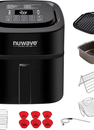 Nuwave Brio 6-Quart Healthy Digital Smart Air Fryer with Probe One-Touch Digital Controls, Advanced Cooking Functions, Removable Divider Insert & Grill Pan (NEW ACCESSORY),Black