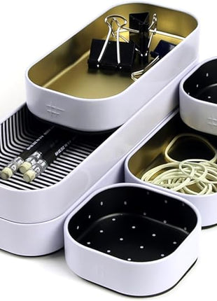 Three by Three Seattle 6 Piece Shallow Metal Organizer Tray Set for Storing Makeup, Stationery, Utensils, and More in Office Desk, Kitchen and Bathroom Drawers (1 Inch, Gold Dots and Stripes)