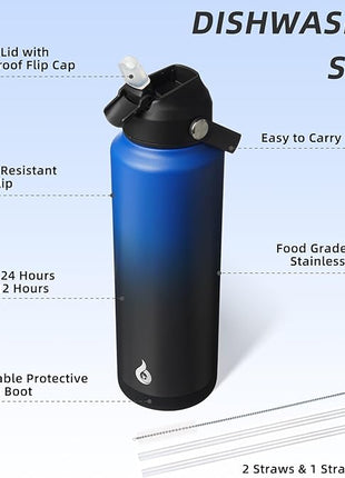 BJPKPK Insulated Water Bottle with Straw Lid, 40oz Large Thermo, BPA Free Leak Proof Stainless Steel Metal Water Bottles, Tumblers, Cups, Flasks for Travel, Sports,Black Blue