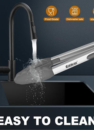 Kitchen Tongs with Silicone Tips - Heat Resistant 600 Degrees Stainless Steel Locking Cooking Tongs with Rubber Tips, Non-Stick Food Tongs for Cooking, Heavy Duty, Set of 3-7" 9" and 12" Grey