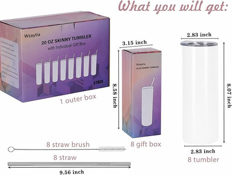 8 Pack 20 Oz Straight Skinny Tumblers,Individually Gift Boxed Stainless Steel Slim Skinny Tumbler Set Bulk, 20 Oz Insulated Slim Thin Travel Tumbler Cup for Diy, White