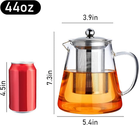 PARACITY Glass Teapot Stovetop 44 OZ, Borosilicate Clear Tea Kettle with Removable 18/8 Stainless Steel Infuser, Teapot Blooming and Loose Leaf Tea Maker Tea Brewer for Camping, Travel (1300ml)