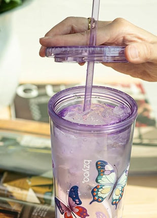 bzyoo SIP 24oz (710ml) Double Wall Plastic Tumbler with Lid and Straw Cold Drink Travel Mug Reusable Party Cup Perfect for Ice Coffee, Tea Office Poolside Parties Gifts Color: Butterfly Purple
