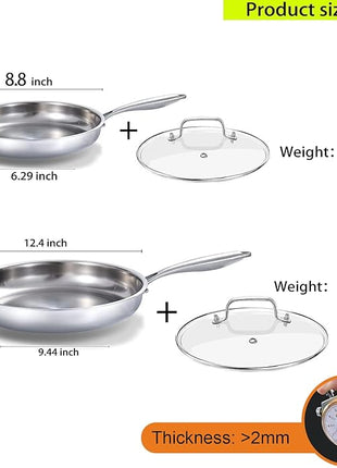 DELARLO Tri-ply Stainless Steel Frying Pan Set with Lid 8" 12" Induction large Skillets Chef's Pan,Pots and Pans Set Kitchen Cookware Set Suitable for All Stove