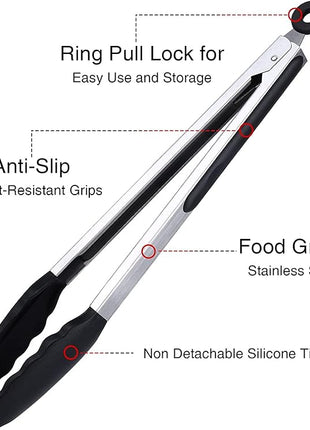 Kitchen Tongs Set of 3, Black Cooking Tongs with Silicone Tips, Non-Stick Non-Scratch Heat Resistant Tongs for Grilling Cooking BBQ Buffet Salad (Black, 7/9/12 Inch)