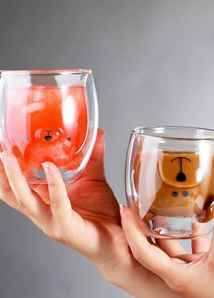 Bear Cute Mugs Kawaii Double Wall Glass Coffee Tea Mill Yogurt Cup Funny Novelty Gift for Women Her Friends Office Birthday Christmas