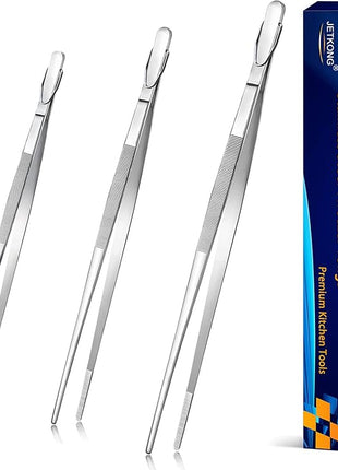 JETKONG Extra Long Kitchen Tweezers Heavy Duty Stainless Steel Cooking Tweezers, Set of 3 (9 12 14 Inch, Silver)