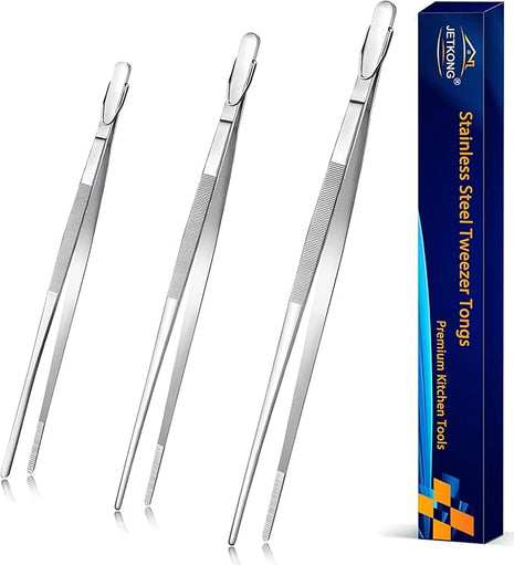 JETKONG Extra Long Kitchen Tweezers Heavy Duty Stainless Steel Cooking Tweezers, Set of 3 (9 12 14 Inch, Silver)