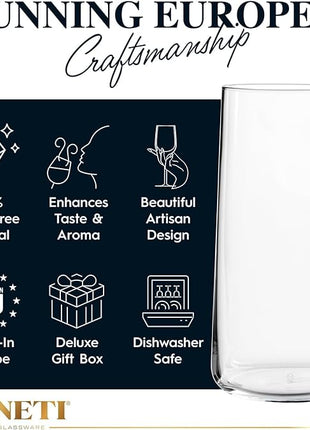 BENETI Modern Tall Drinking Glasses Set of 6 | Handmade In Europe | 18oz Premium Highball Crystal Glass Cups for Water and Juice