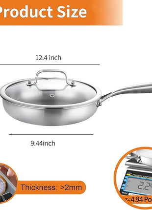 DELARLO Kitchen Whole Body Tri-Ply Stainless Steel Frying Pan, 12 inch,Stainless Steel, Oven safe induction skillet, Pots and Pans set,Suitable for All Stove