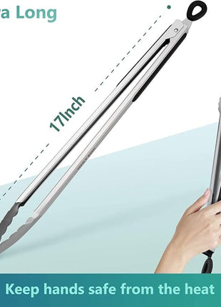 Grill Tongs, 17 Inch Extra Long BBQ Tongs, Premium Stainless Steel Metal Tongs for Cooking, Grilling, Charcoal, Barbecue/BBQ, Buffet (17", 2PCS)