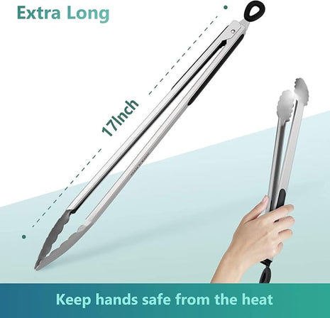 Grill Tongs, 17 Inch Extra Long BBQ Tongs, Premium Stainless Steel Metal Tongs for Cooking, Grilling, Charcoal, Barbecue/BBQ, Buffet (17", 2PCS)