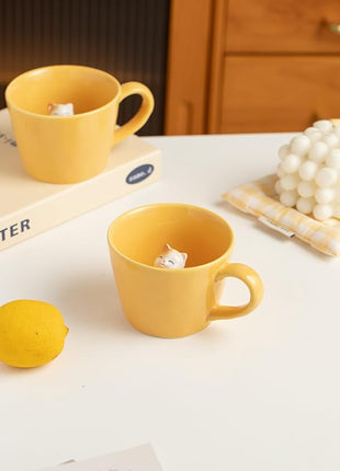 DIHOclub Cat Coffee Cup Hidden Ceramic Animal Inside Mug,Cute Cartoon Handmade Figurine Mugs,Holiday and Birthday Gift for Coffee Milk Tea Lovers,12 Oz(yellow)