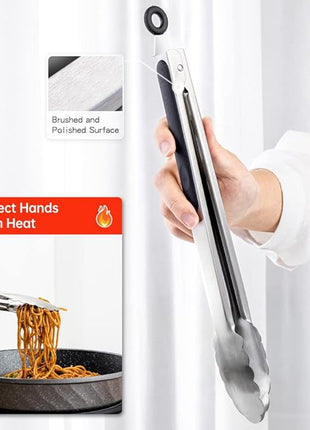 9 & 12 Inch Kitchen Tongs, Stainless Steel Metal Tongs Cooking Tongs, for Cooking Barbecue, BBQ Grilling, Buffet Serving (9"+12")