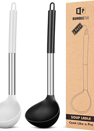 Pack of 2 Ladle Spoon,Silicone Large Spoon for Soup,Non Stick Kitchen Utensils with High Heat Resistant,BPA Free Perfect Kitchen Tools for Cooking, Stirring,Serving Soups (BLACK-WHITE)