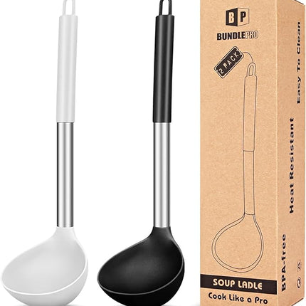 Pack of 2 Ladle Spoon,Silicone Large Spoon for Soup,Non Stick Kitchen Utensils with High Heat Resistant,BPA Free Perfect Kitchen Tools for Cooking, Stirring,Serving Soups (BLACK-WHITE)