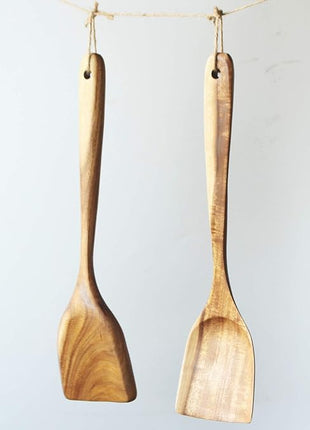 FJNATINH Large Wooden Wok Spatula, 13 Inch Natural Teak Long Handle Turner Coated Natural Resin, Handmade for Non-stick Cookware