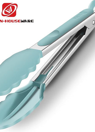 9-Inch & 12-Inch Cooking Tongs, Premium Silicone Set of 2 BPA Free Non-Stick Stainless Steel BBQ Grilling Locking Food Tong, Aqua Sky