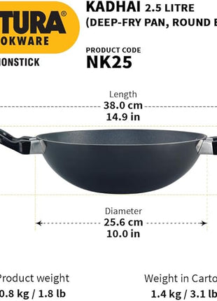 Hawkins Futura 2.5 Litre Deep Fry Pan, Non Stick Kadai, Round Bottom Kadhai, Black (NK25)