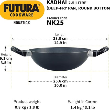Hawkins Futura 2.5 Litre Deep Fry Pan, Non Stick Kadai, Round Bottom Kadhai, Black (NK25)