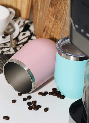 MEWAY 12 OZ/8 Pack Wine Tumbler Glasses with Lid - Stemless Double Wall Vacuum Stainless Steel Travel Tumbler - Keeping Cold & Hot for Wine,Coffee,Cocktails,Drinks-Family and Gifts (Pink,Set of 8)