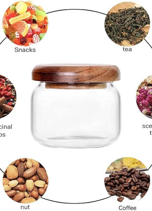 SAIOOL Kitchen Canisters Set of 6-8.5oz Glass Spice Jars With Acacia Airtight Lid and Labels Round Spice Bottles for kitchen Seasoning Baby Food Kids Snacks Meal Prep Containers Candle