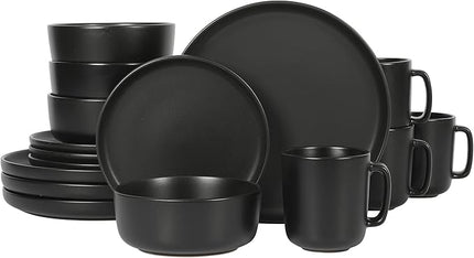 Gibson Home Zuma Stoneware Plates, Bowls, & Mugs Dinnerware Set - Matte Black, Service for Four (16pcs)