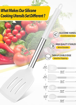 Pack of 4 Silicone Cooking Utensils Set, Non Stick Large Solid Spatulas, Heat Resistant Slotted Spoons, Ideal BPA Free Kitchen Turners for Frying, Mixing,Serving,Draining,Turning,Stirring (WHITE)
