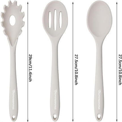 Silicone Cooking Spoons, Heat Resistant Large Silicone Pasta Slotted Spoon Solid Basting Spoon set for Nonstick Cookware, BPA Free Black Kitchen Silicone Spoons set for Mixing, Serving, Draining White