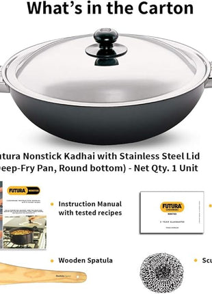 HAWKINS Futura Nonstick Kadhai 4 L, 30 cm, 3.25 mm with SS lid