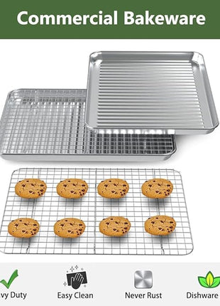 ROTTAY Baking Sheet, Half Sheet Pan with Cooling Rack Set [2 Pans + 2 Racks], Stainless Steel Baking Pan for Oven, Warp Resistant & Heavy Duty & Rust Free, Size 18 x 12 x 1 Inches