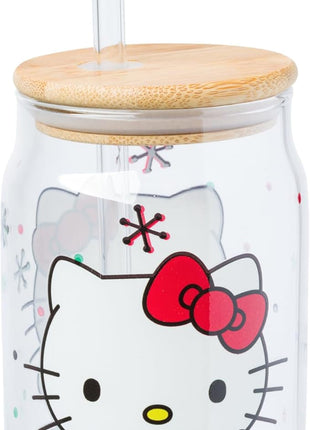 Silver Buffalo Sanrio Hello Kitty Holiday Glass Tumbler with Bamboo Lid and Glass Straw, 16 Ounces
