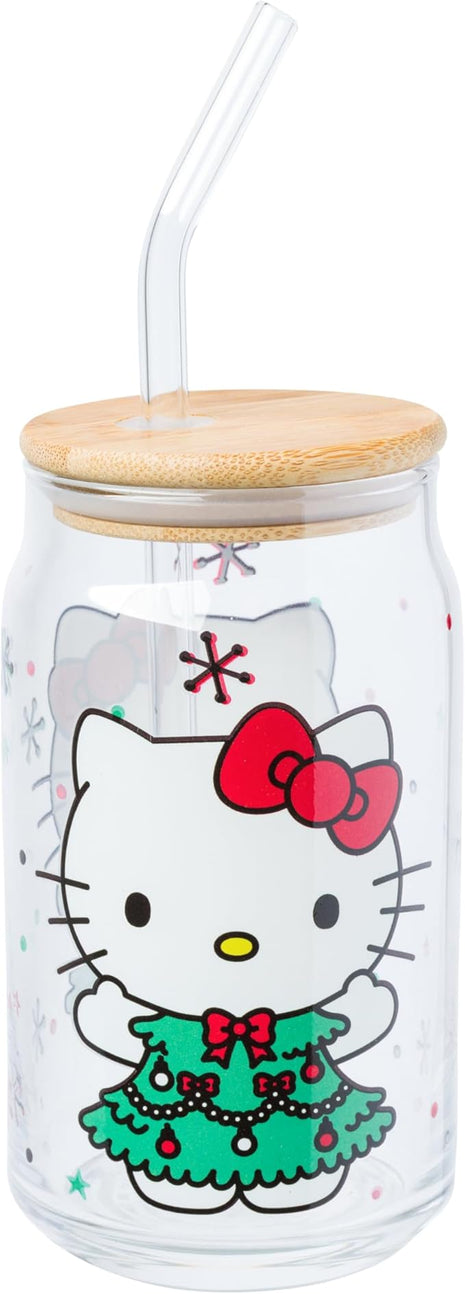 Silver Buffalo Sanrio Hello Kitty Holiday Glass Tumbler with Bamboo Lid and Glass Straw, 16 Ounces